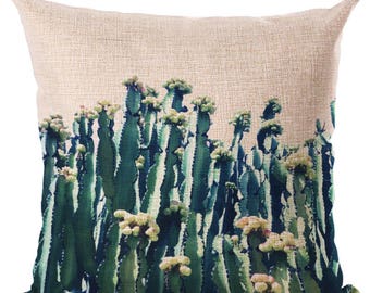 Housse de coussin déco toile de lin et coton beige CACTUS fleurs | Décoration d'intérieur | Salon | Design Tropical | tropique