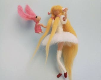 Chobit, Chii, Persocom, anime, fantasy fairy, just for her, Atashi, pink bunny, baby mobile, gift for her, waldorf doll,