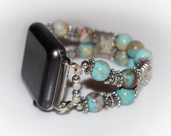 Turquoise Beaded Apple Watch Band Sterling Silver Custom Beaded Apple Watch Replacement Band Apple Watch Band Sterling Silver Bracelet Band