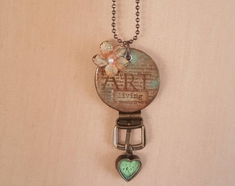 For the Love of Art (living) altered wood poker chip pendant necklace with charm