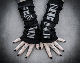 W16 - Barcode Arm Warmers, Ooak hand cuffs Dystopian Accessory, Industrial Cyberpunk Black Arm Warmers, Edgy Grunge one of a kind