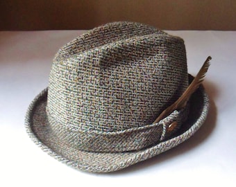 Mens Tweed Fedora Hat with Button and Feather 7 1/4, Pendleton Satin Lined Wool Hat