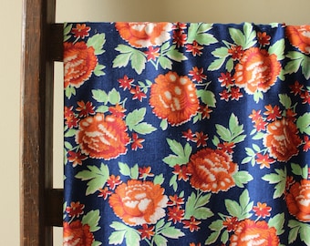 Vintage Russian traditional printed cotton upholstery furnishing fabric remnant folk orange blue floral cottage Pick up Sticks Vintage