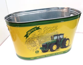 JOHN DEERE TRACTOR 9.5" high Green & Yellow 16.5" x 9.25" Metal Tub with 2 Wide Cut-Out Carrying Handles is a Licensed John Deere Product