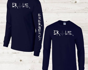 Nurse Shirt ER Life ™ | Navy Emergency Long Women's shirt White Print | Nurse Shirt | RN Shirt | Nurse T-shirt | emergency | EMS | rn shirt