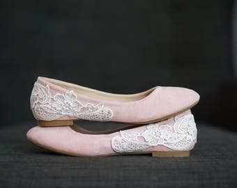 Blush Wedding Shoes, Wedding Flats, Blush Flats, Bridal Flats, Bridal Shoes, Bridesmaid Gift, Ballet Flats,Low Wedding Shoes with Ivory Lace