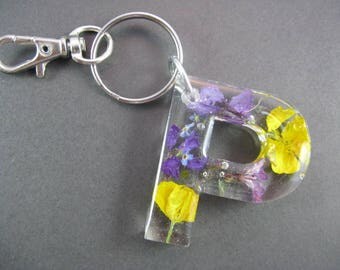 Flower Keyring, Initial Keyring, Real Flower Keyring, Keychain, Initial P Bag Charm, Monogram Charm Keyring, Letter Keyring