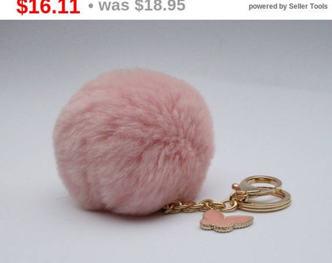 Butterfly Collection Pale Pink fur pom pom keychain REX Rabbit fur pom pom ball with butterfly charm