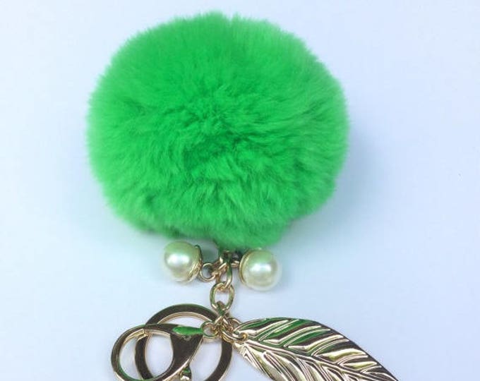 LIME pom pom keychain rex rabbit fur pompon unique bag charm in beautiful yellow color tone with leaf charm and pearls