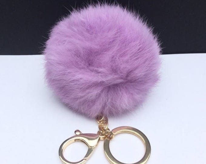 DIY Make Your Own Lavender Real Genuine Rabbit fur pom pom keychain puff ball charm keyring