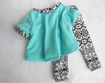 18 inch doll clothes, turquoise knit doll top, black/white stretch pants,knit doll pants 18 in doll outfit, doll blouse,turquoise doll shirt