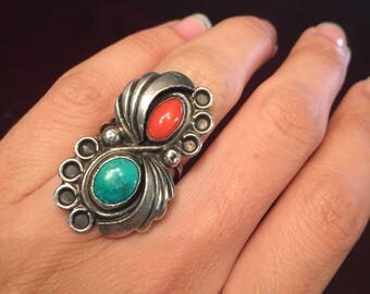 Vtg Sterling Southwestern Navajo Begay Turquoise Coral Ring,