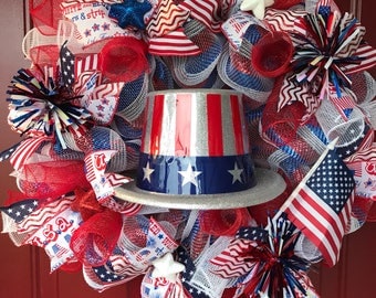 4th of July wreath, Patriotic wreath, red white and blue wreath, Uncle Sam wreath, Stars and Stripes, Deco mesh wreath, flag wreath
