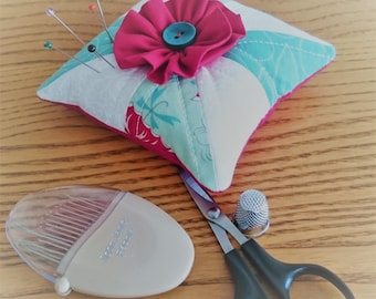 Patchwork pincushion, quilted, half square triangles