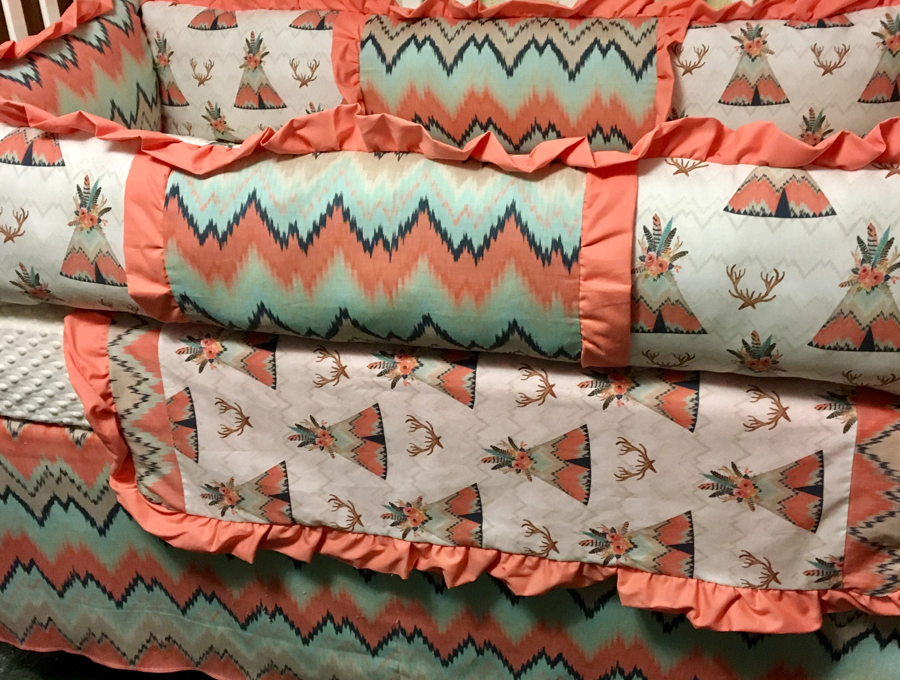 Teepee and Deer Antler Custom Baby Bedding with Coral and