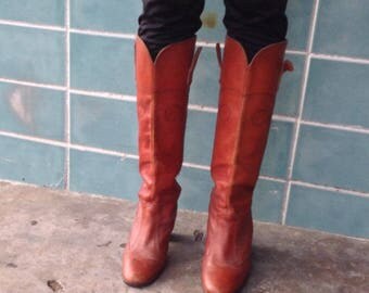 sz 37.5 vintage 70s rusk brown leather western style high heel boots br1