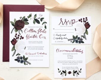 Burgundy and Navy Floral & Berries Wedding Invitation