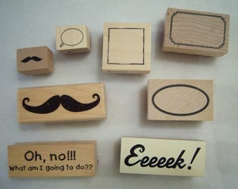 stamp blocks,lot of (8),wood and rubber,various sizes,caption bubble,sayings,mustaches,oval,square,rectangle,card making,stationary