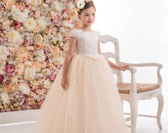 Ivory Cream Flower Girl Dress -- Ivory Cream Floor Length Tulle Dress