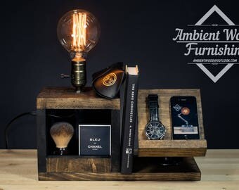 Wood Bedside Utility Storage Box Lamp With Pipe Stand Electronic Docking Station & Apple watch dock charger