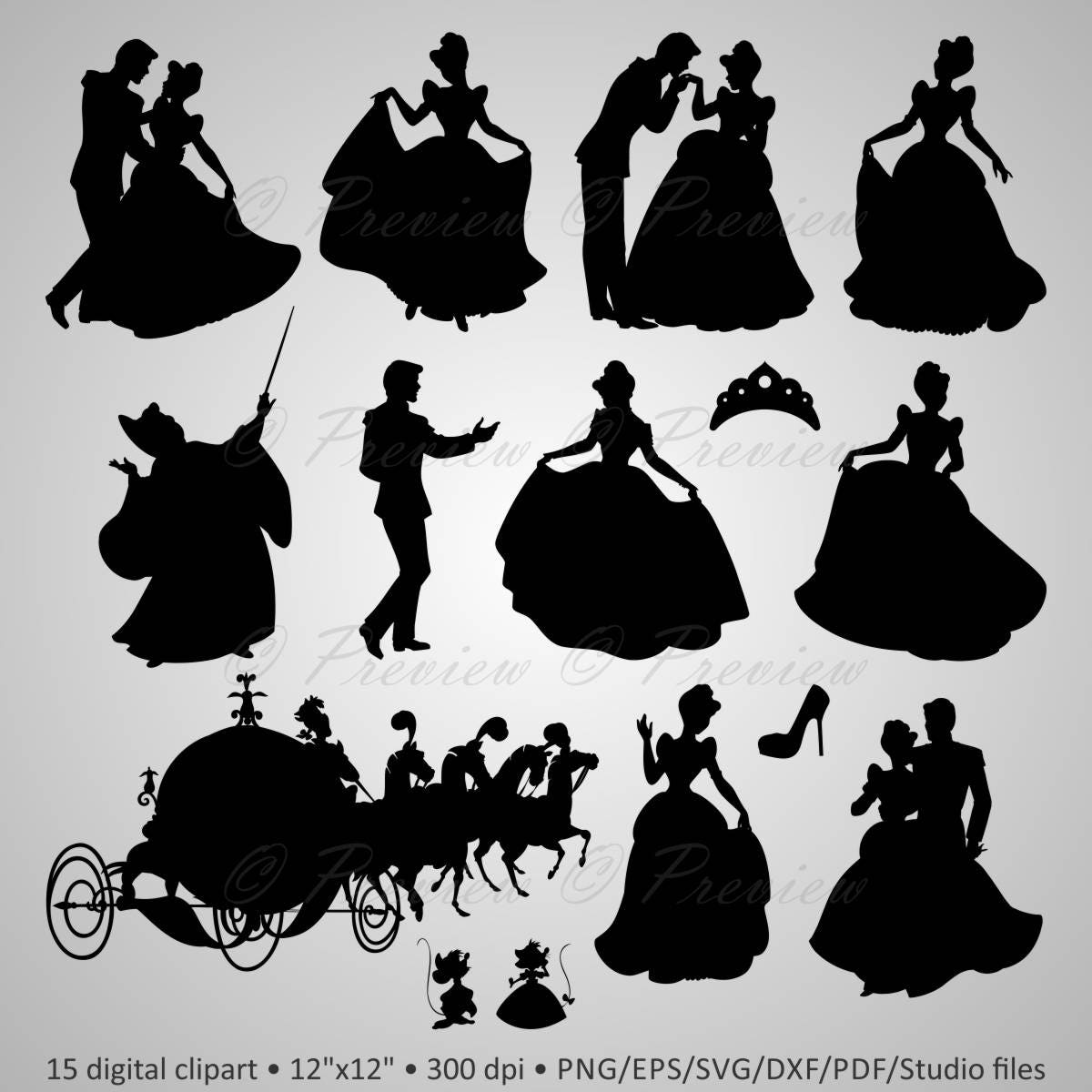Download Buy 2 Get 1 Free! Digital Clipart Silhouettes "Cinderella ...