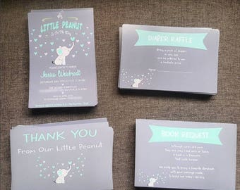 LITTLE PEANUT baby shower invitation set (Invite+Diaper Raffle+Book Request+Thank You Insert) - Free Envelopes - Any Color