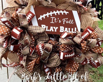 Football Wreath, Football Wreaths, It's Fall Play Ball, Fall Football Wreath, Fall Wreath, Football Lace Ribbon, Antique Football Ribbon
