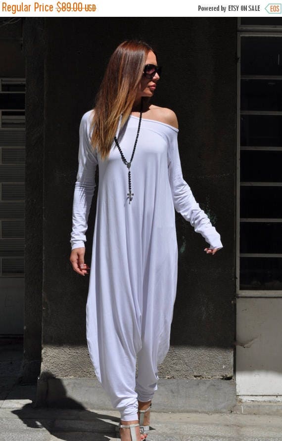 15 SUMMER SALE Handmade White Cotton Jumpsuit for Women Long