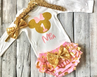 Pink and gold minnie mouse birthday outfit, pink and gold minnie first birthday outfit, pink and gold minnie birthday onesie, minnie mouse