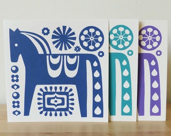 Dala Horse Greetings Card, Scandi Horse Card, Dala Horse Birthday Card, Handmade Horse Card, Retro Horse Greetings Card