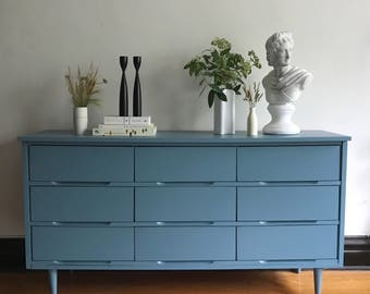 Blue Mid Century Modern 9 Drawer Dresser//Refinished Vintage MCM Bureau//Painted Modern Sideboard//Sophisticated Mid-Century Modern Credenza