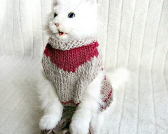 Valentine cat dog sweater Valentine gift for dog cat lovers Cat dog jumper Dogs cats sweater Knit pets sweater Beige red dog jumper for cat