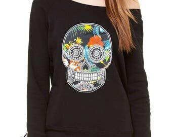 Sugar Skull Floral Print Dia De Los Muertos Slouchy Off Shoulder Oversized Sweatshirt