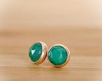 Natural Emerald Earrings, Emerald Stud Earrings, Rose Cut Green Gemstone Posts, May Birthstone: Sterling Silver 14k Gold Filled 6mm 8mm 10mm
