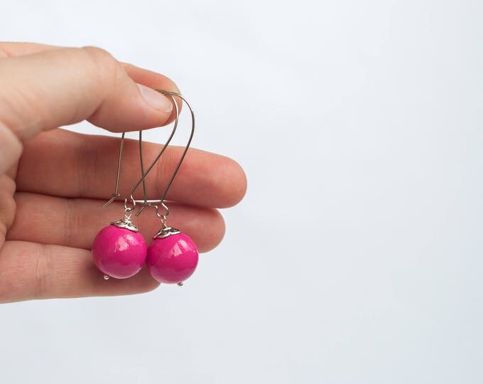 Hot pink earrings, Fuschia earrings for bridesmaids, Fish hook earrings, Hot pink dangle earrings, Fuchsia earrings, Fuschia pink earrings