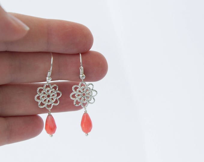 Coral drop earrings, Coral earrings, Pink coral earrings, Coral colored earrings, Gift exchange idea, Birthday gift for teenage girl