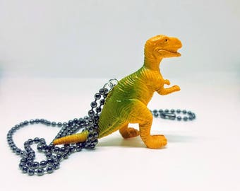 Dinosaur Necklace Gunmetal Ball Chain Yellow T Rex Tyranosaurus Dinosaur Necklace Gift Under 5