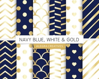 Navy Blue, White & Gold digital paper, navy, dark blue and gold, white and gold, gold wedding, scrapbook papers (Instant Download)