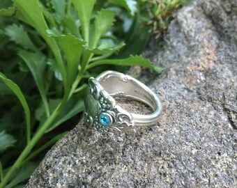 Spoon ring, flatware silverware jewelry , unique ring jewelry , vintage antique jewelry rings, March birthstone ring light blue gem