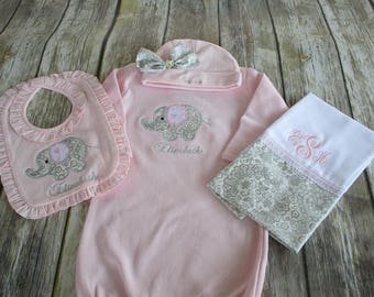 Newborn Baby Girl Coming Home Outfit-Personalized Baby Girl Cap, Gown,Blanket-Newborn Baby Girl Take Home Outfit-Baby Pink Infant Gown Set