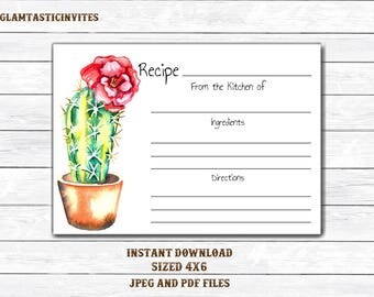 Recipe Card, Fiesta Recipe Card, Printable Recipe Card, Cactus Recipe Card, Mexican Theme, Bridal Shower Recipe Card, Fiesta Shower, Fiesta