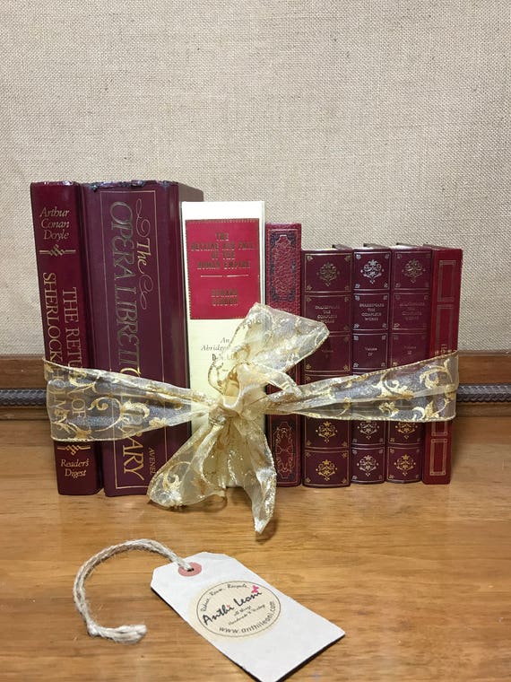 Wine Red & Gold Vintage Book Collection - Old Books Decoration - Foot Long Shelf Staging - Berry Red Home Decor and Interior Design Props