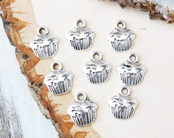 Set of 50, cupcake charms, silver charms, metal charms, 14mm x 13mm, charms wholesale, food charms, cute charms, girly charms,