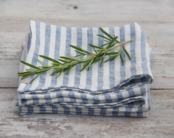 Nautical linen cloth napkins, striped in white and blue. Set of 4,6,8,10. Set of washed linen napkins. Soft.