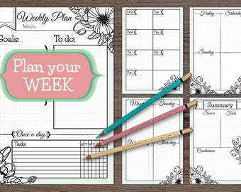 Printable Weekly Planner for bullet journal, printable week planner, weekly planner inserts, bullet journal printable pages, week on 5 pages