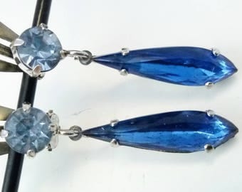 39mm vintage blue rhinestone drop earrings, rhinestone earrings, blue rhinestone earrings, rhinestone drop earrings, vintage blue earrings