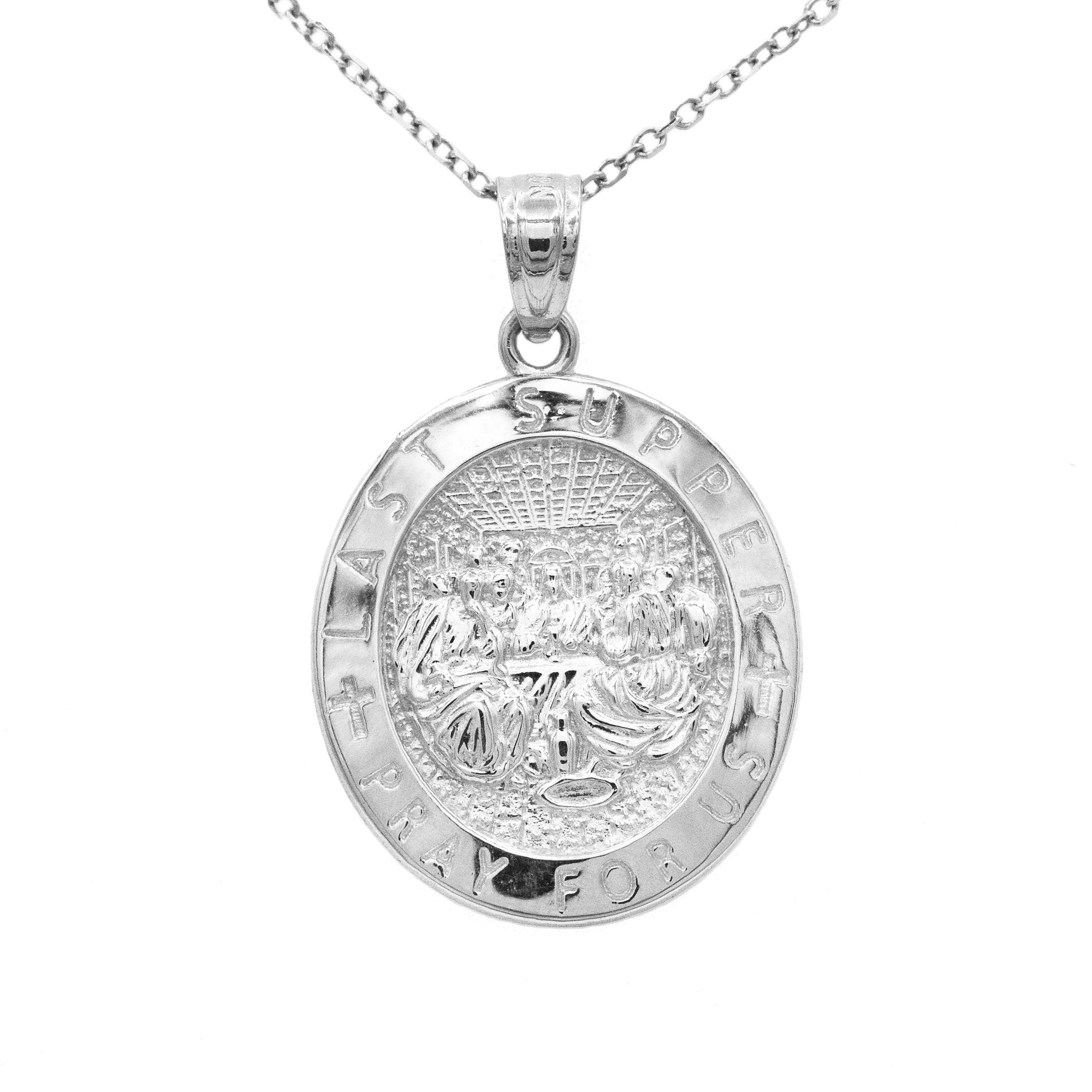 14k White Gold Last Supper Pendant with Gold Chain Engraved