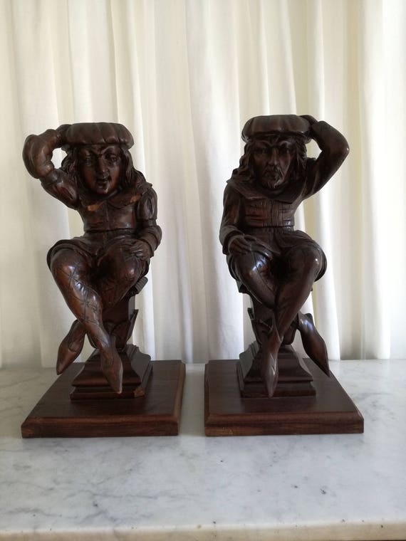 Antique Wood Figurines Carved Medieval pair Figures Italian