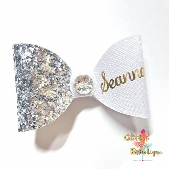 Personalized Name Glitter Silver & White Headband / Hairbow