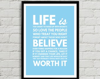 Leven Is te kort om spijt - Wekdienst Poster Print, inspirerend, positief, typografische Wall Art Gift, Decor van het huis van de familie, slaapkamer Art